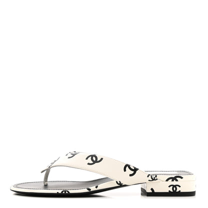 Chanel Printed Lambskin Coco Beach Thong Sandals 38.5 White Black 1 of 9