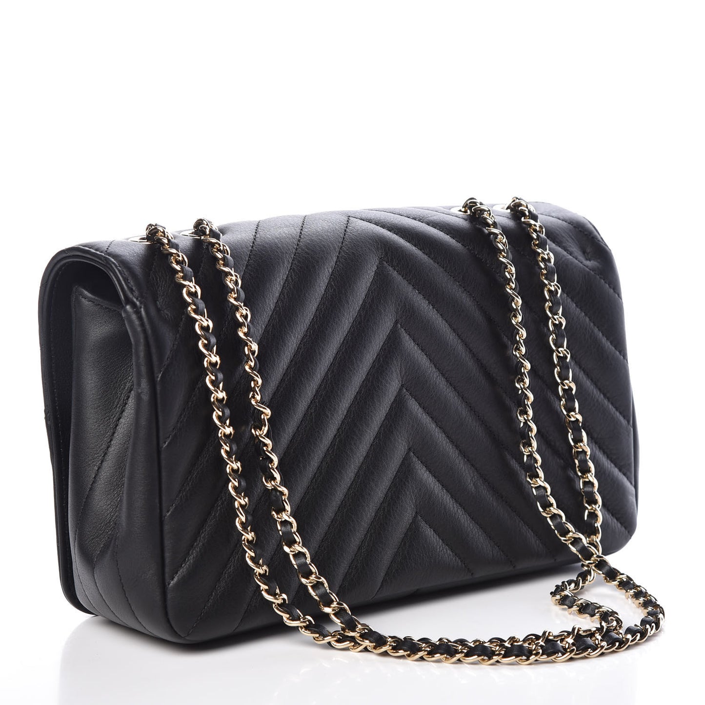 Calfskin Chevron Quilted Statement Flap Black