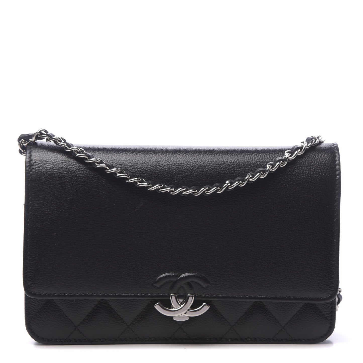 Grained Calfskin Quilted CC Box Wallet On Chain WOC Black