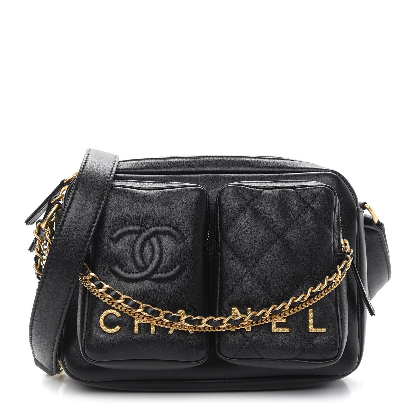 Calfskin Quilted Small Camera Case Black