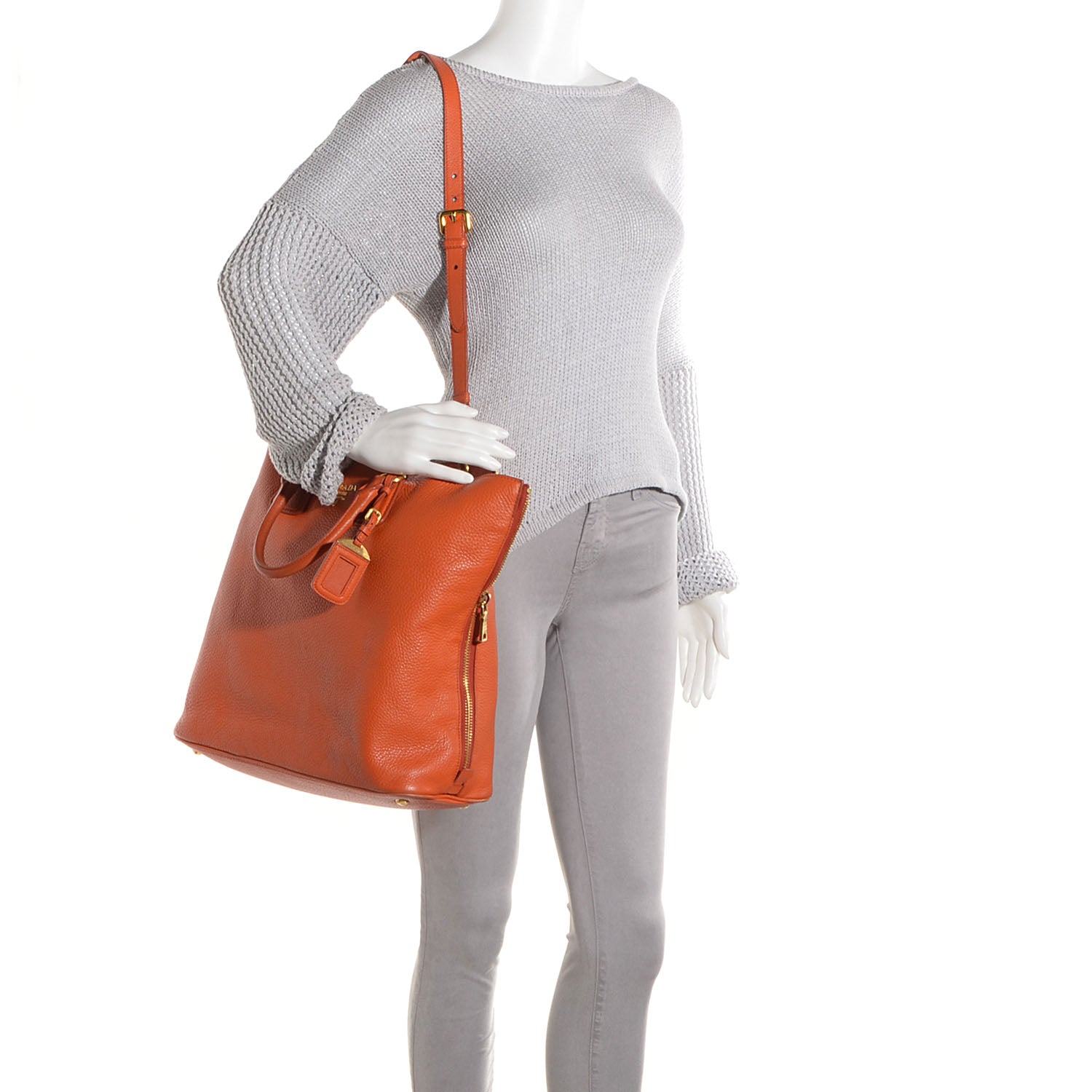 Prada Vitello Daino Side Zip Shopping Tote Papaya 2 of 12