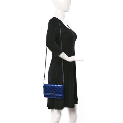 Chanel Metallic Patent Calfskin Quilted Boy Wallet on Chain WOC Blue 2 of 9
