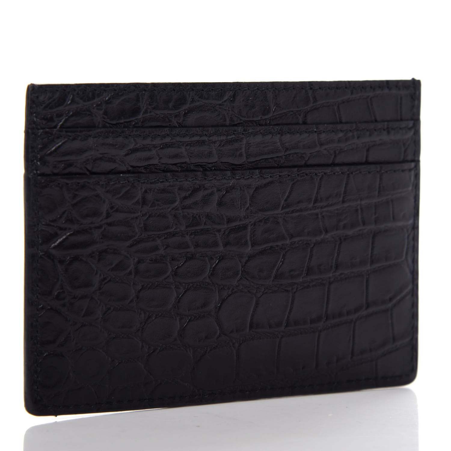 Saint Laurent Calfskin Crocodile Embossed Monogram Credit Card Case Black 3 of 7