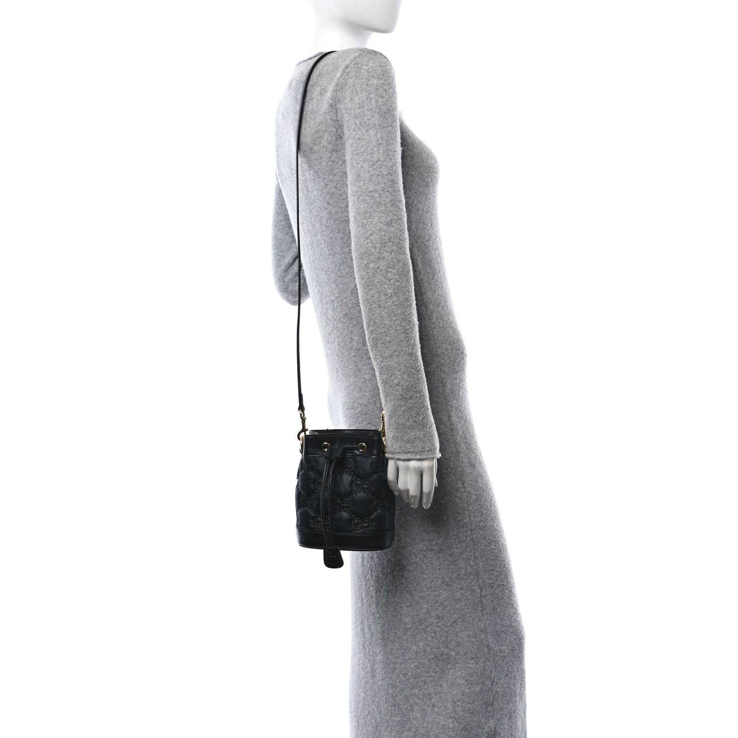Nylon Calfskin Enamel GG Matelasse Bucket Bag Black