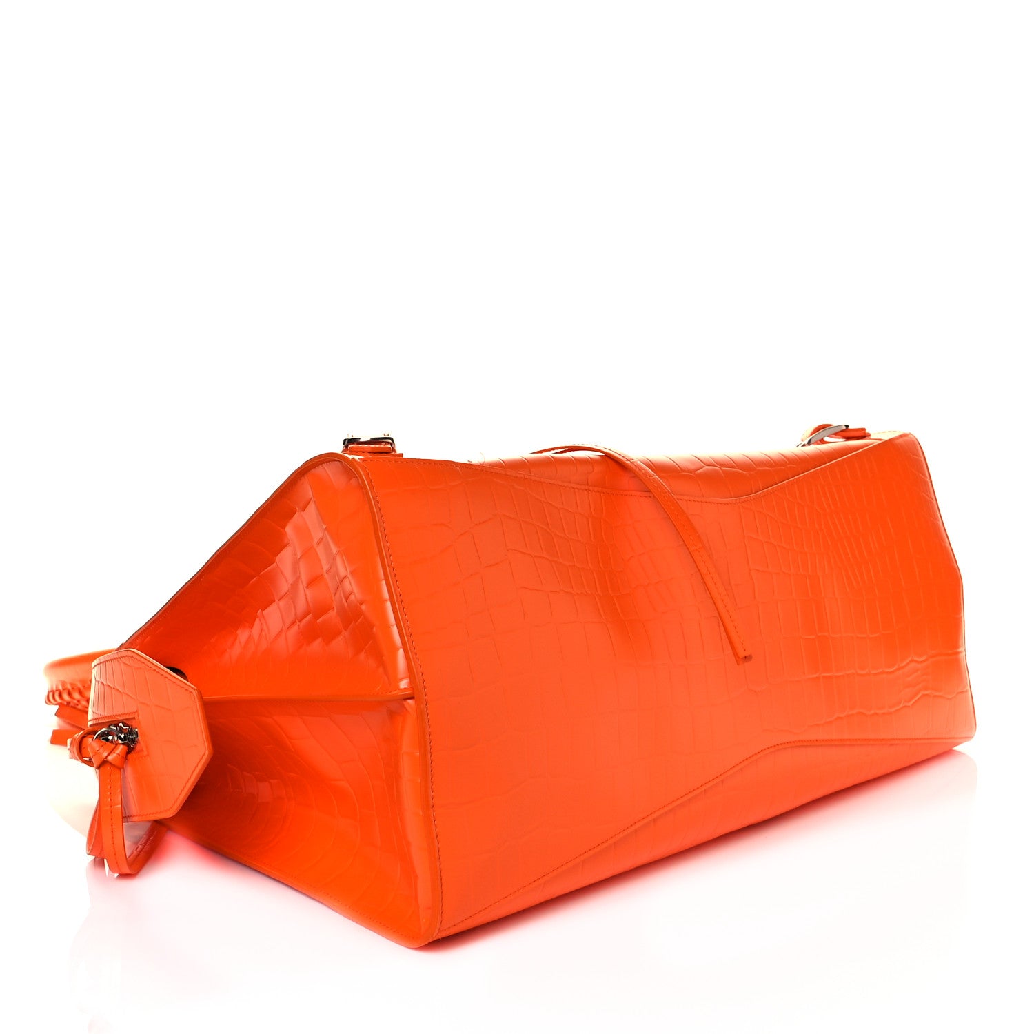 Balenciaga Semi Shiny Calfskin Crocodile Embossed Neo Classic Silver Hardware Large Top Handle Bag Orange 3 of 7