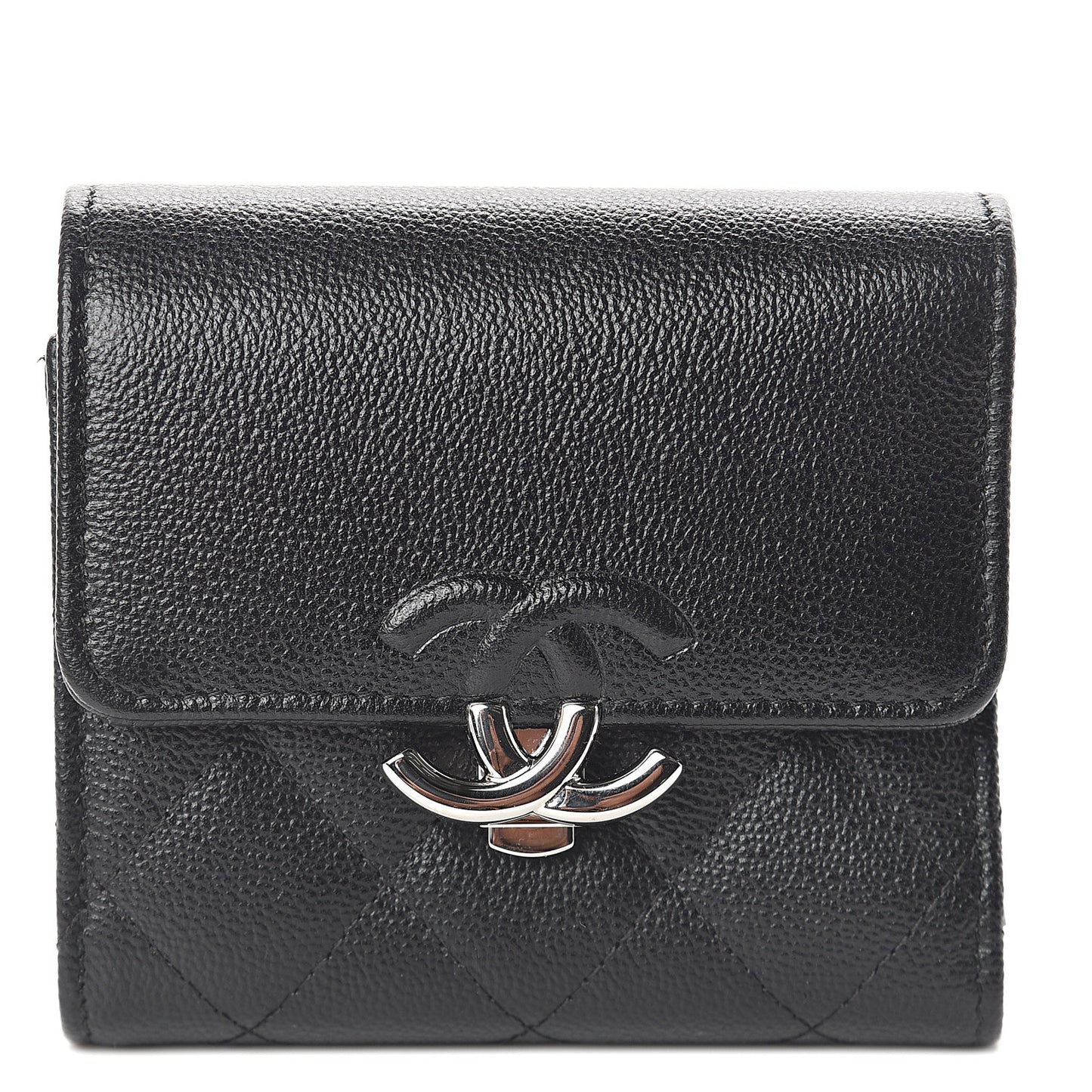 Grained Calfskin Quilted CC Box Compact Flap Wallet Black