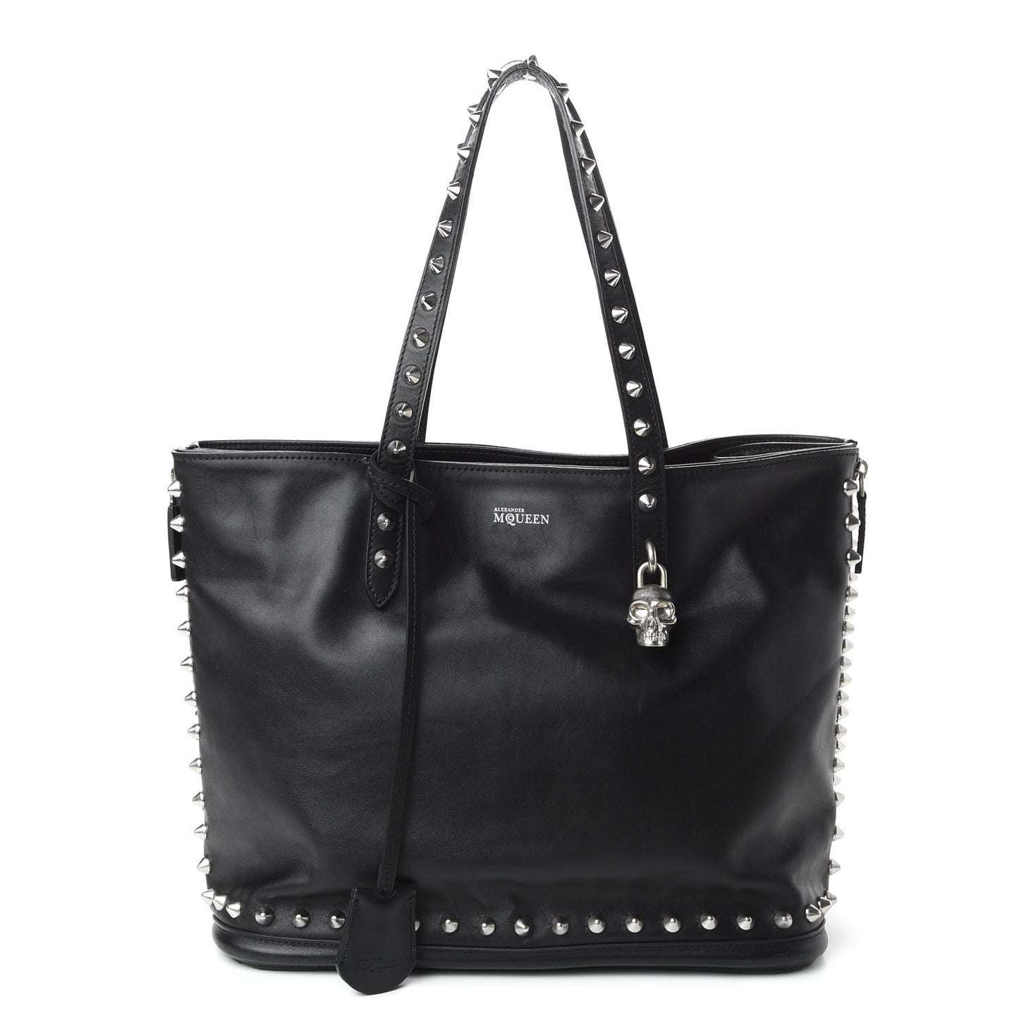 Pebbled Calfskin Skull Studded Padlock Tote Black