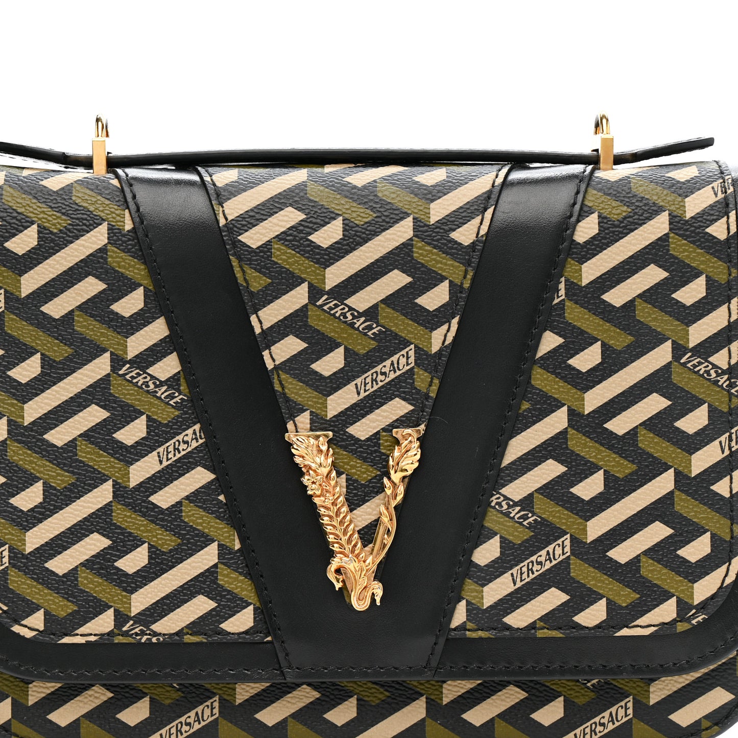 Coated Canvas La Greca Signature Print Virtus Top Handle Shoulder Bag Black Khaki