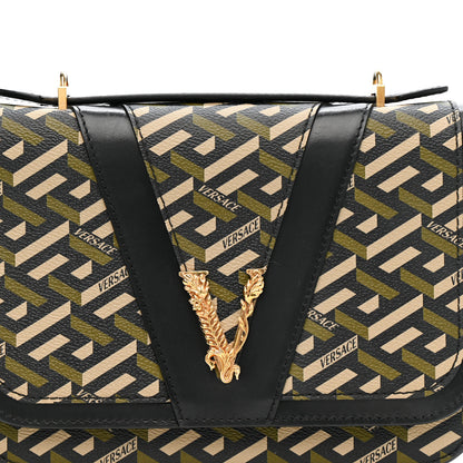 Versace Coated Canvas La Greca Signature Print Virtus Top Handle Shoulder Bag Black Khaki 7 of 12