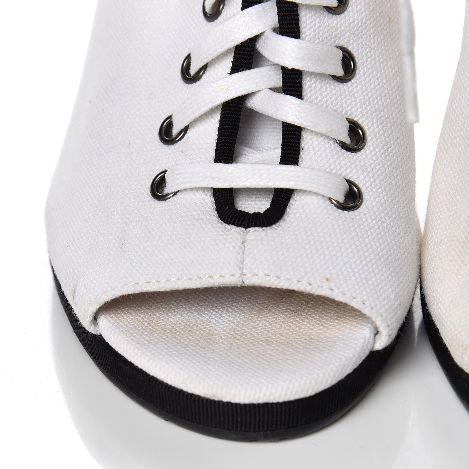 Chanel Canvas Lace Up Wedge Boots 37.5 White Black 12 of 13