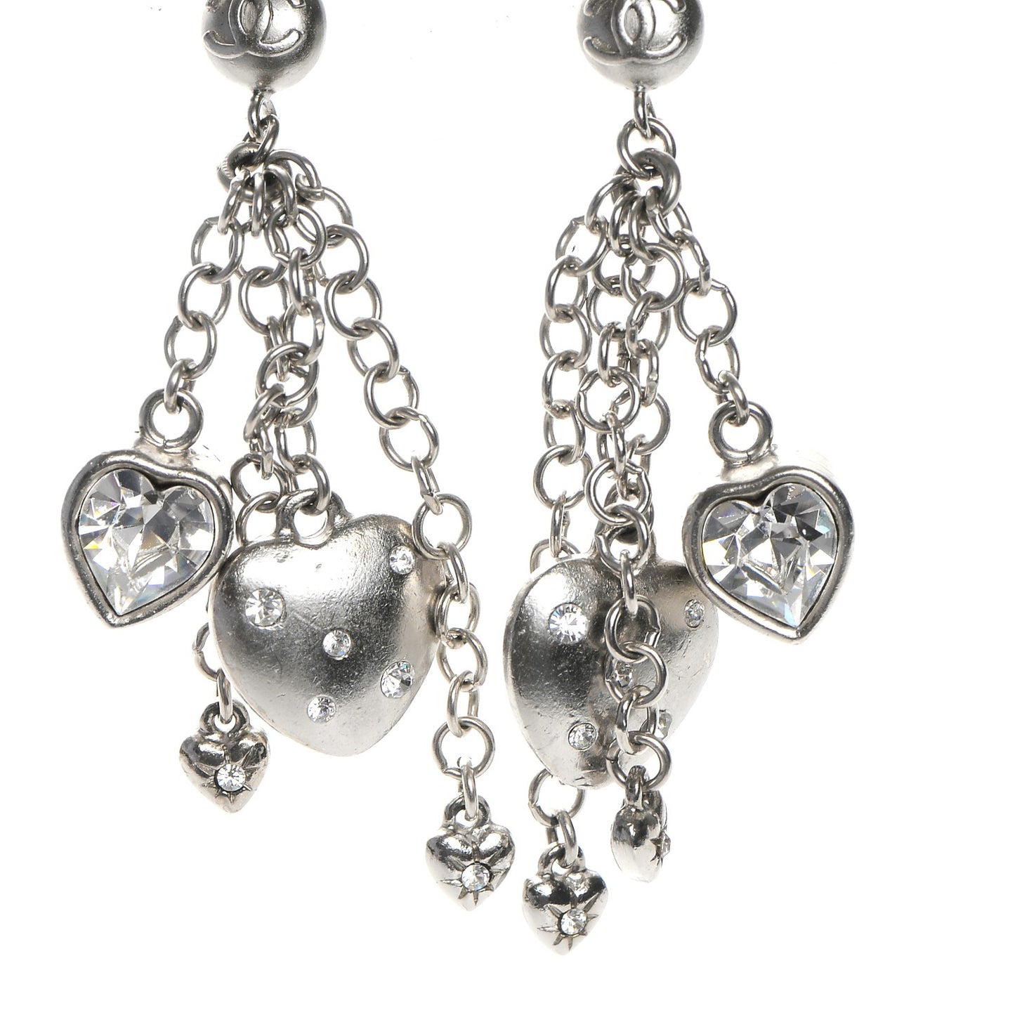 Crystal CC Hearts Dangle Earrings Silver