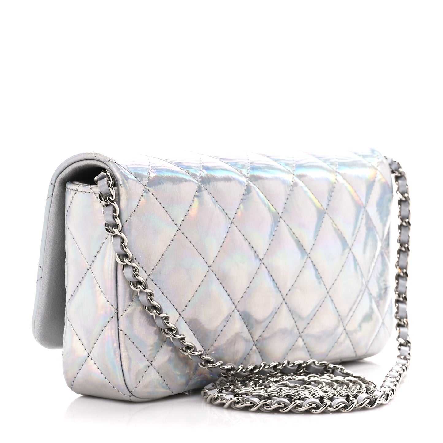 Iridescent Mirror Goatskin Quilted Clutch With Chain Silver
