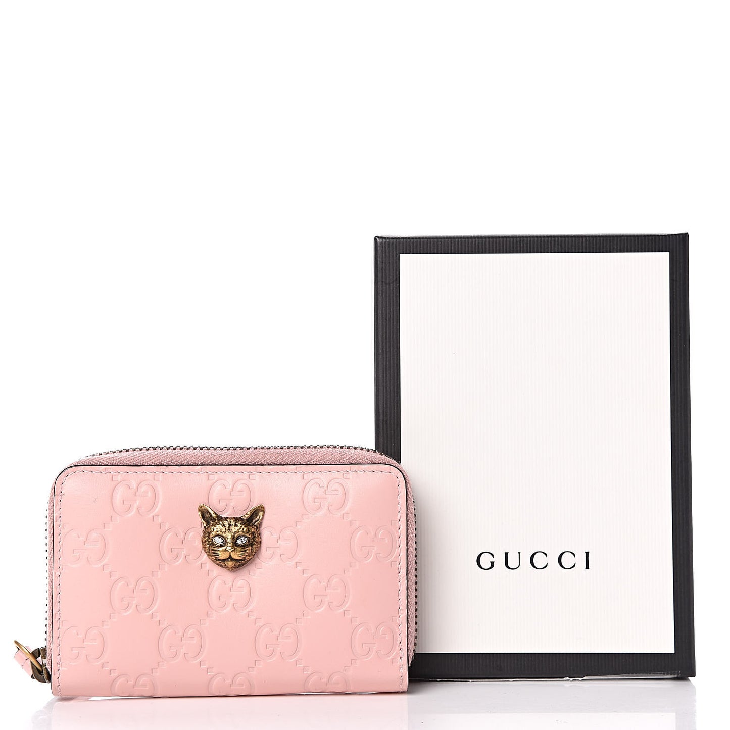 Guccissima Signature Crystal Cat Zip Around Card Case Light Candy Pink