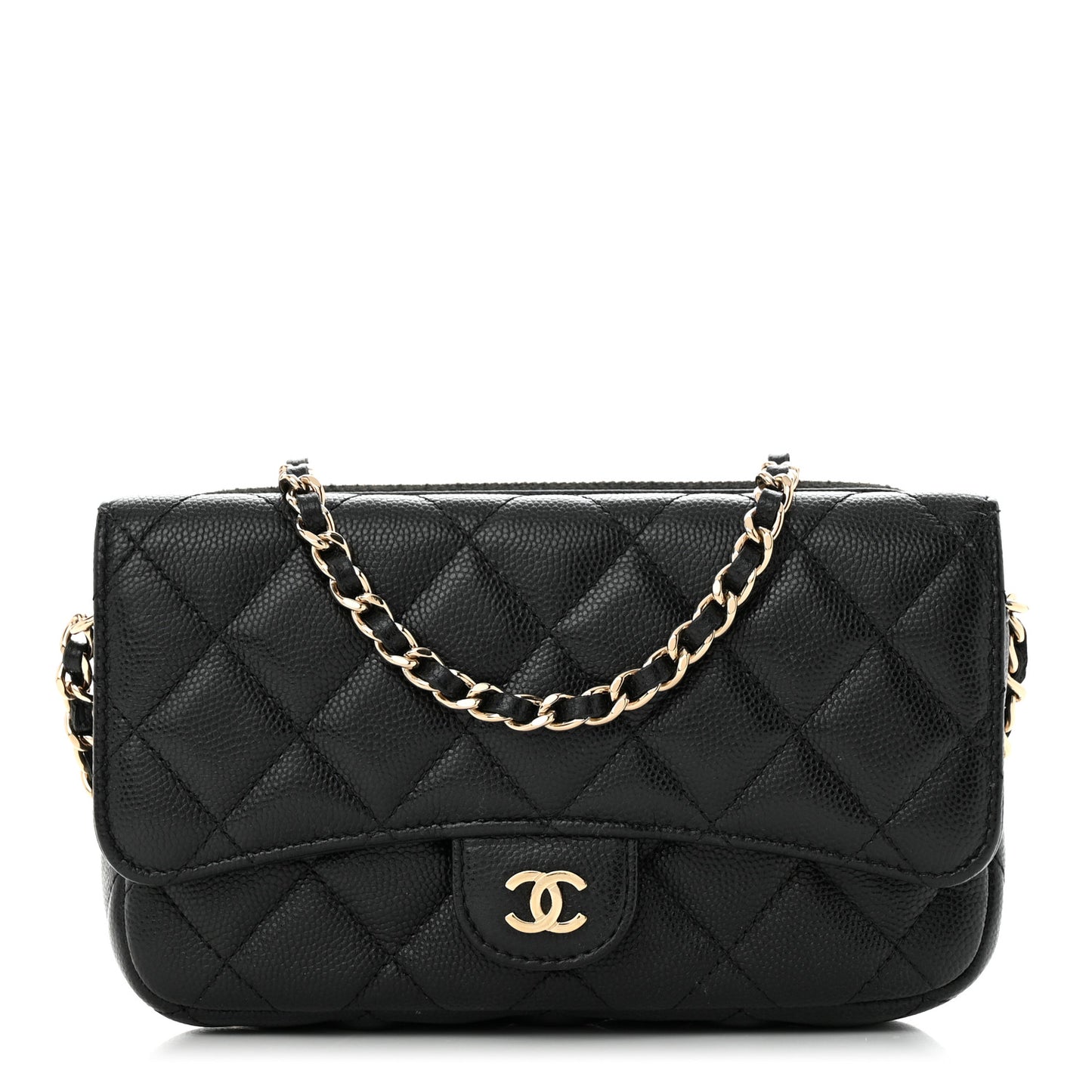 Caviar Quilted Flap Phone Holder With Chain Black