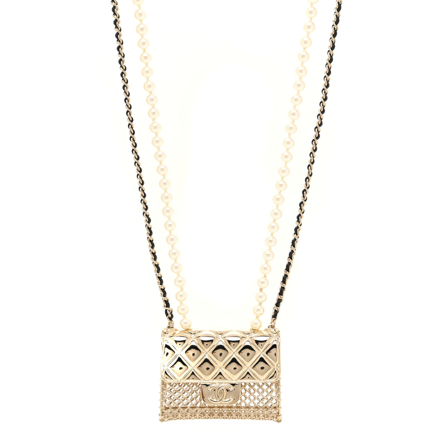 Metal Lambskin Pearl Chain Flap Bag Long Necklace Gold Black Pearly White