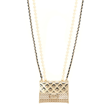 Chanel Metal Lambskin Pearl Chain Flap Bag Long Necklace Gold Black Pearly White 1 of 6