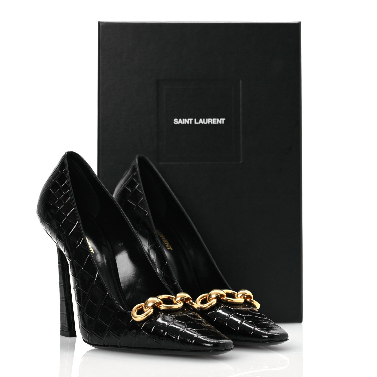 Saint Laurent Calfskin Crocodile Embossed Silvana 110mm Pumps 39.5 Black 11 of 11