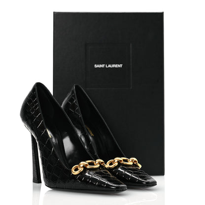 Saint Laurent Calfskin Crocodile Embossed Silvana 110mm Pumps 39.5 Black 11 of 11