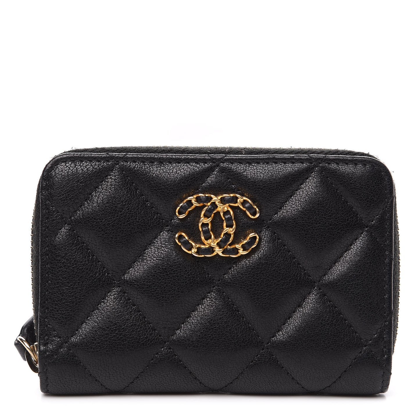 Goatskin Quilted Chanel 19 Zip Around Coin Purse Wallet Black