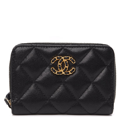Chanel Goatskin Quilted Chanel 19 Zip Around Coin Purse Wallet Black 1 of 8