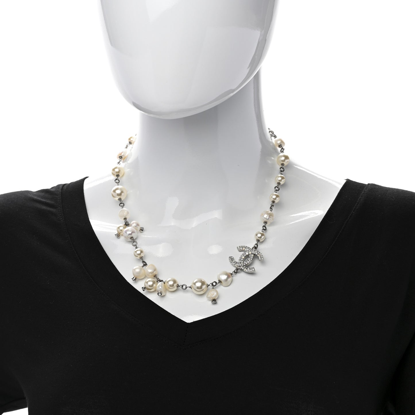 Pearl Crystal CC Necklace Silver