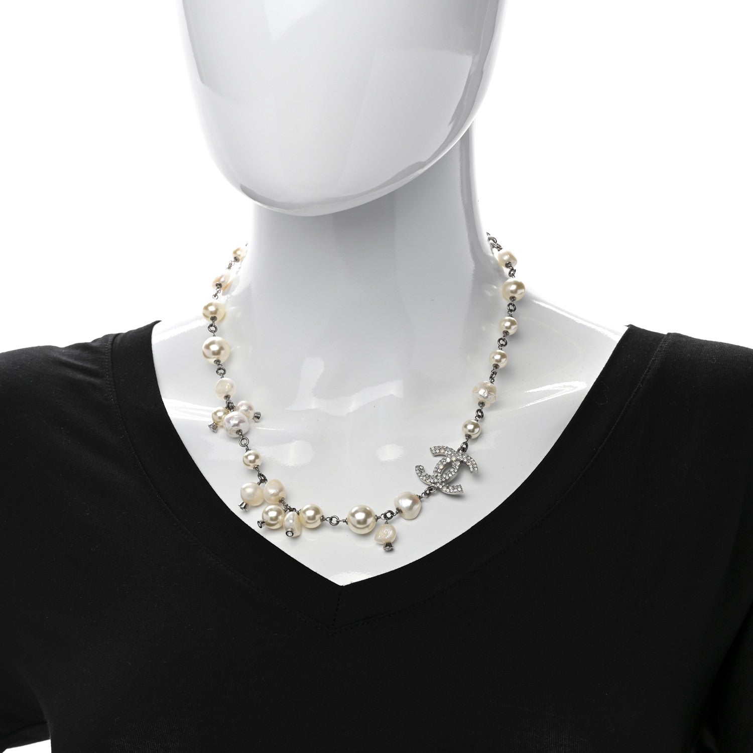 Chanel Pearl Crystal CC Necklace Silver 2 of 6