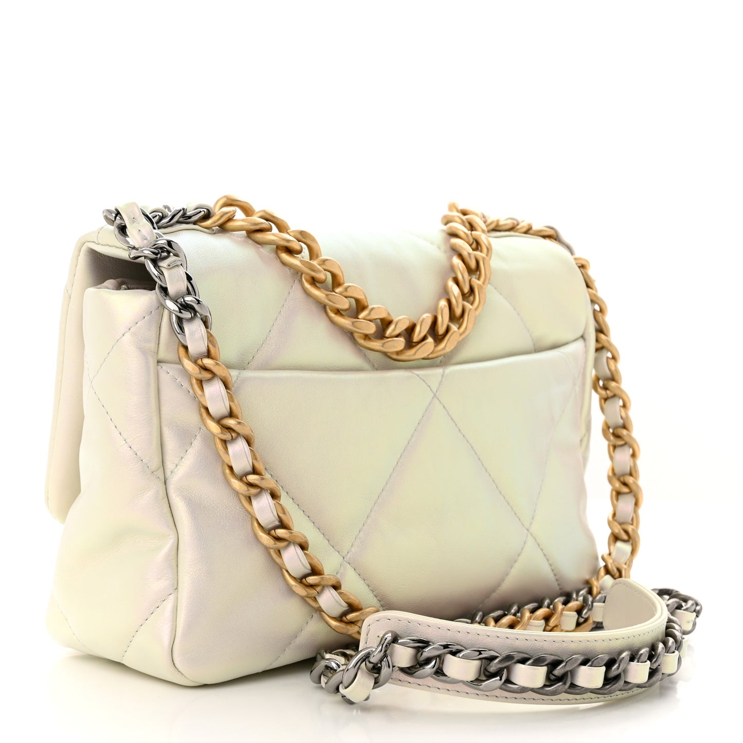 Iridescent Calfskin Quilted Medium Chanel 19 Flap White