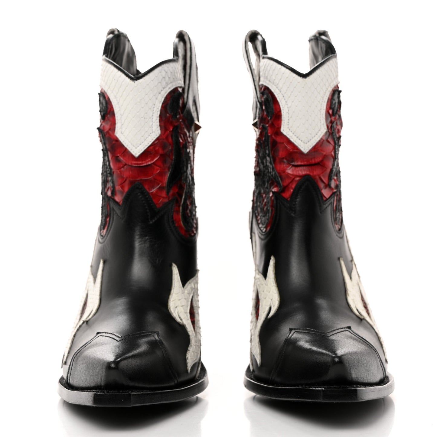 Calfskin Snakeskin Flames Western Cowboy Ankle Boots 37 Red White Black