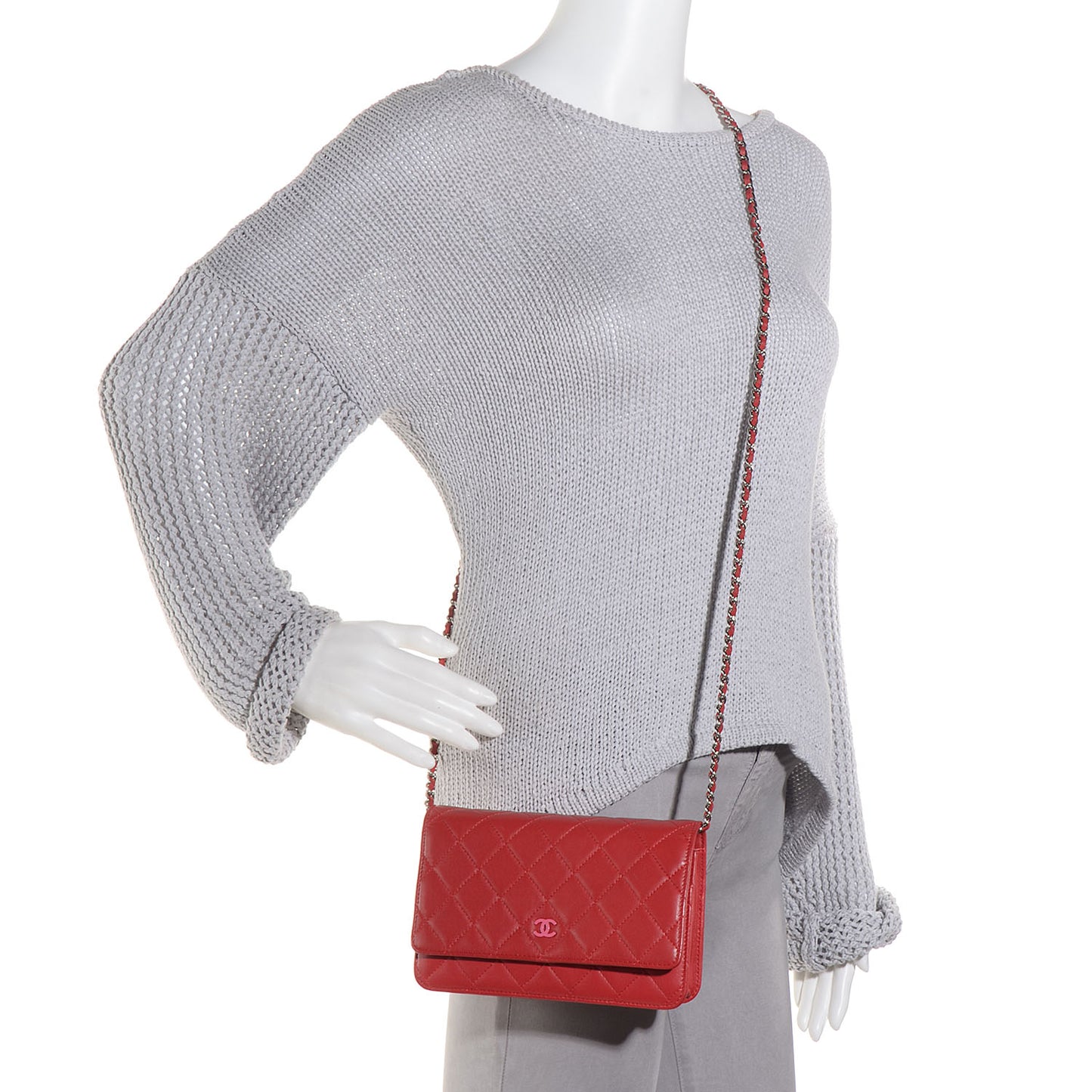 Lambskin Quilted Wallet On Chain WOC Red Pink