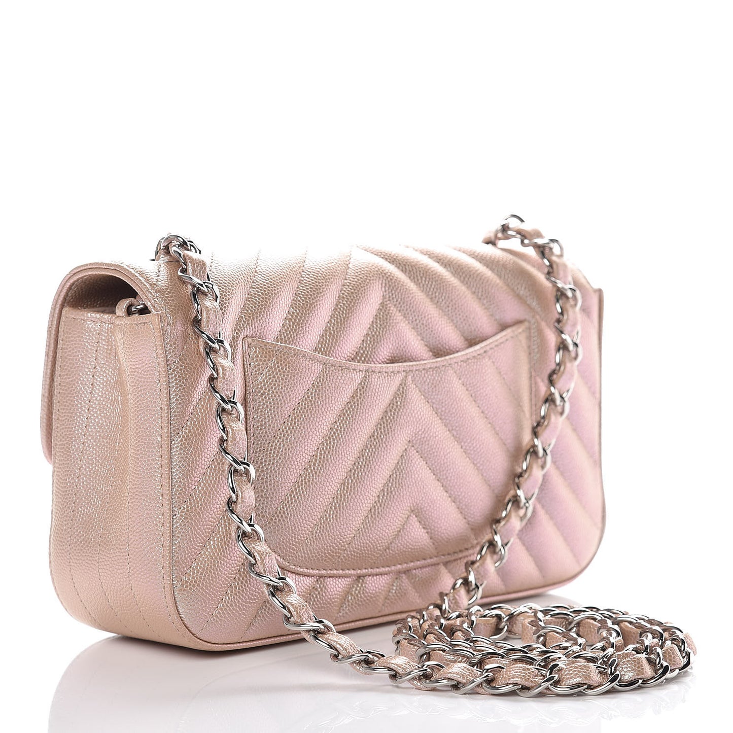 Iridescent Caviar Chevron Quilted Mini Rectangular Flap Light Gold