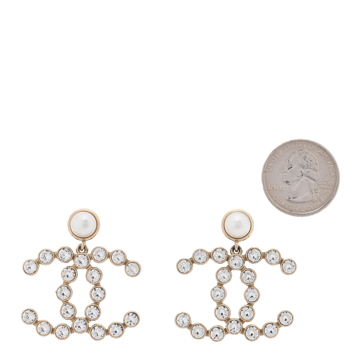 Crystal Pearl Large CC Drop Earrings Gold