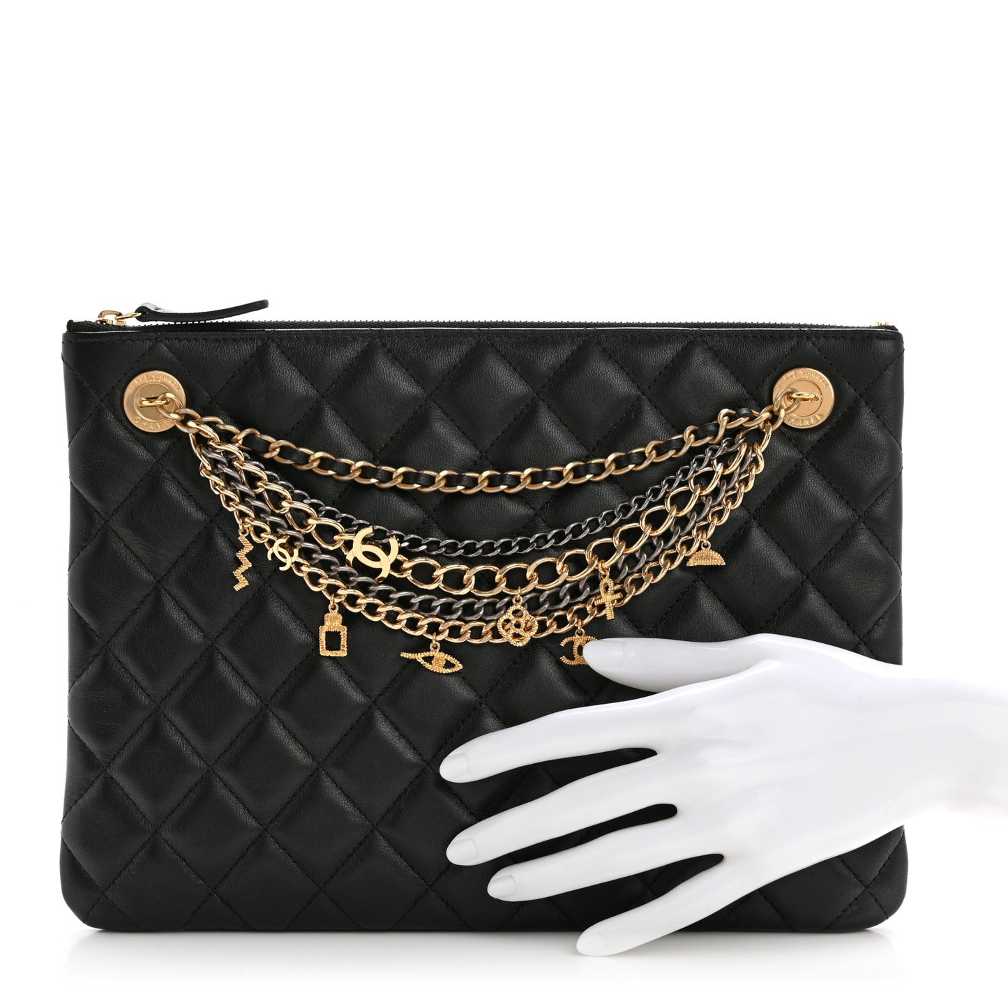 Lambskin Quilted Egyptian Amulet Zipped Pouch Black