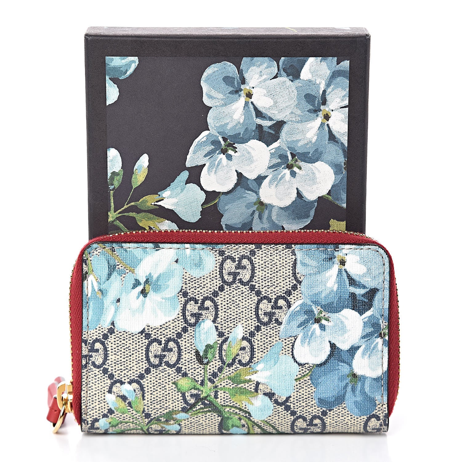 Gucci GG Supreme Monogram Blooms Zip Around Card Case Wallet Beige Blue Navy Hibiscus Red 7 of 7