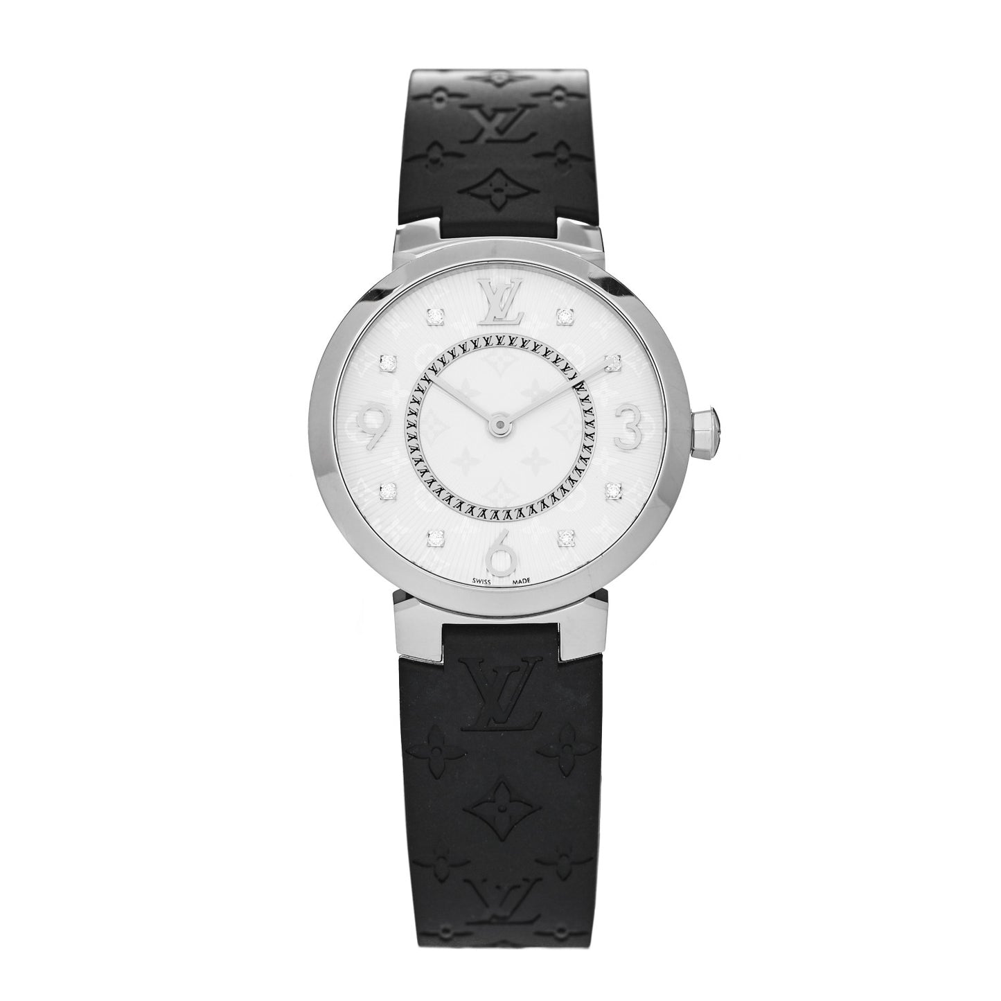 Stainless Steel Rubber Diamond 33mm Tambour Slim Quartz Watch