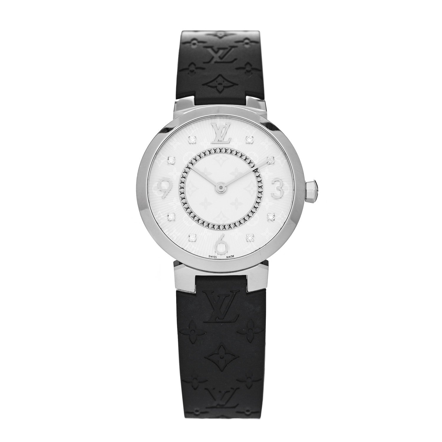 Louis Vuitton Stainless Steel Rubber Diamond 33mm Tambour Slim Quartz Watch 1 of 5
