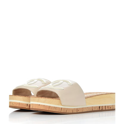 Chanel Patent Calfskin Cork CC Platform Slide Sandals 37 Beige 3 of 10