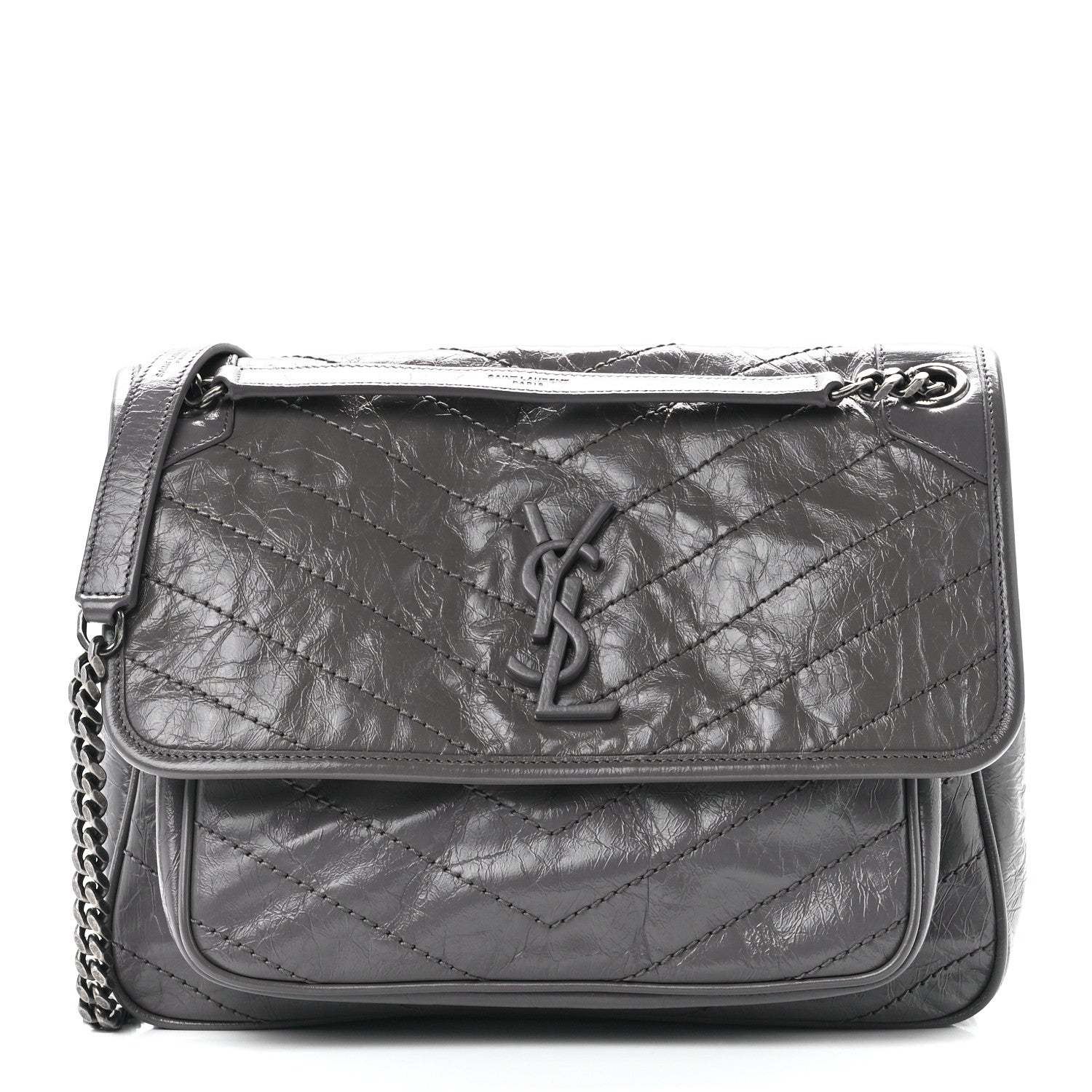 Saint Laurent Crinkled Calfskin Matelasse Monogram Medium Niki Chain Satchel Fog 1 of 12