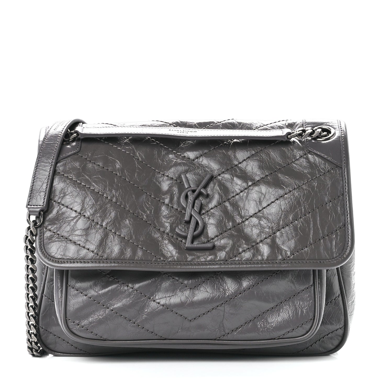 Crinkled Calfskin Matelasse Monogram Medium Niki Chain Satchel Fog