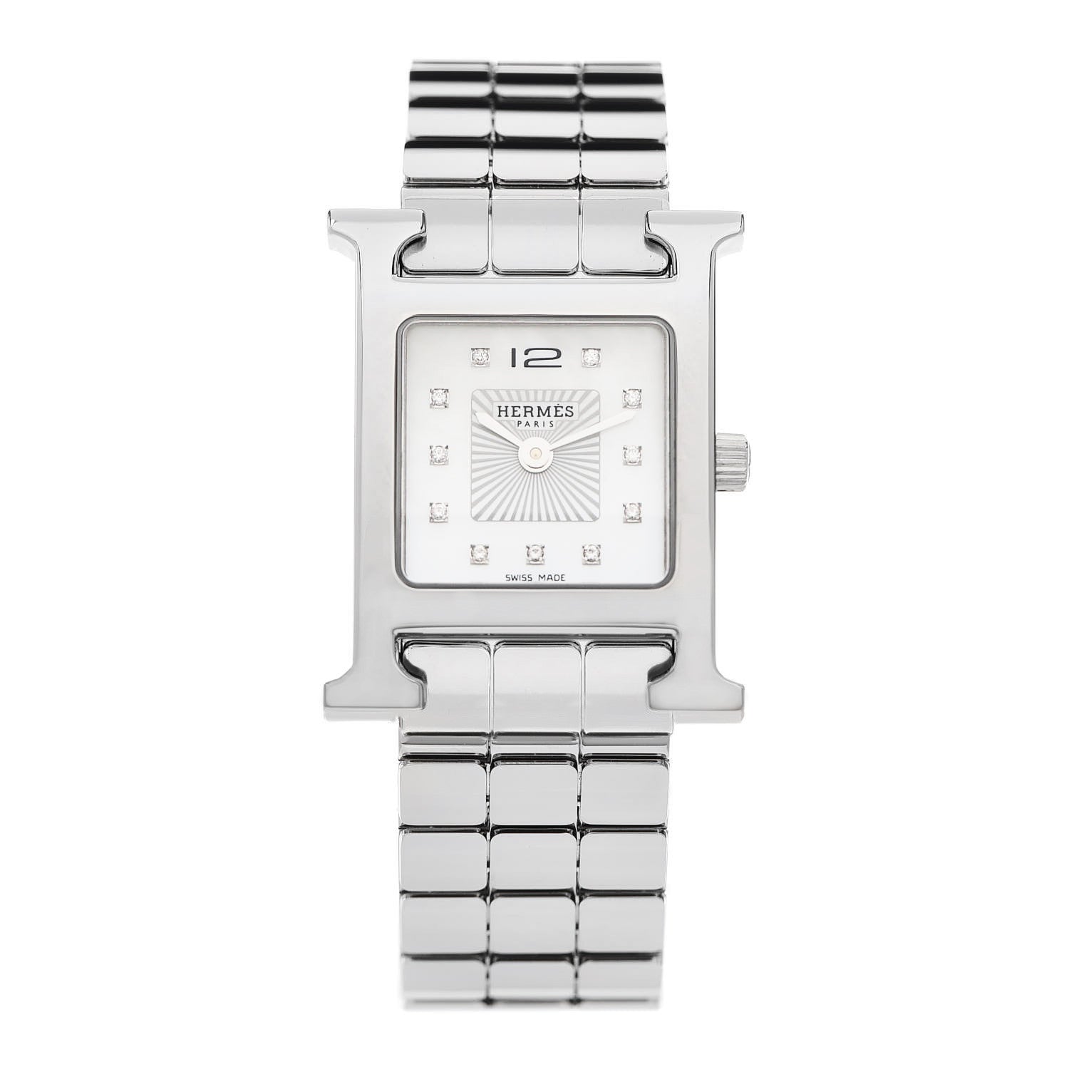 Hermes Stainless Steel Diamond Mother of Pearl 21mm Heure H Hour Quartz Watch 1 of 6