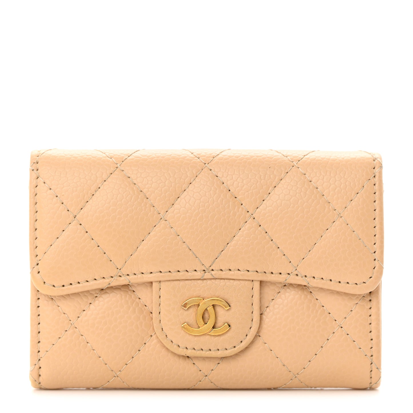 Caviar Quilted Flap Card Holder Wallet Beige