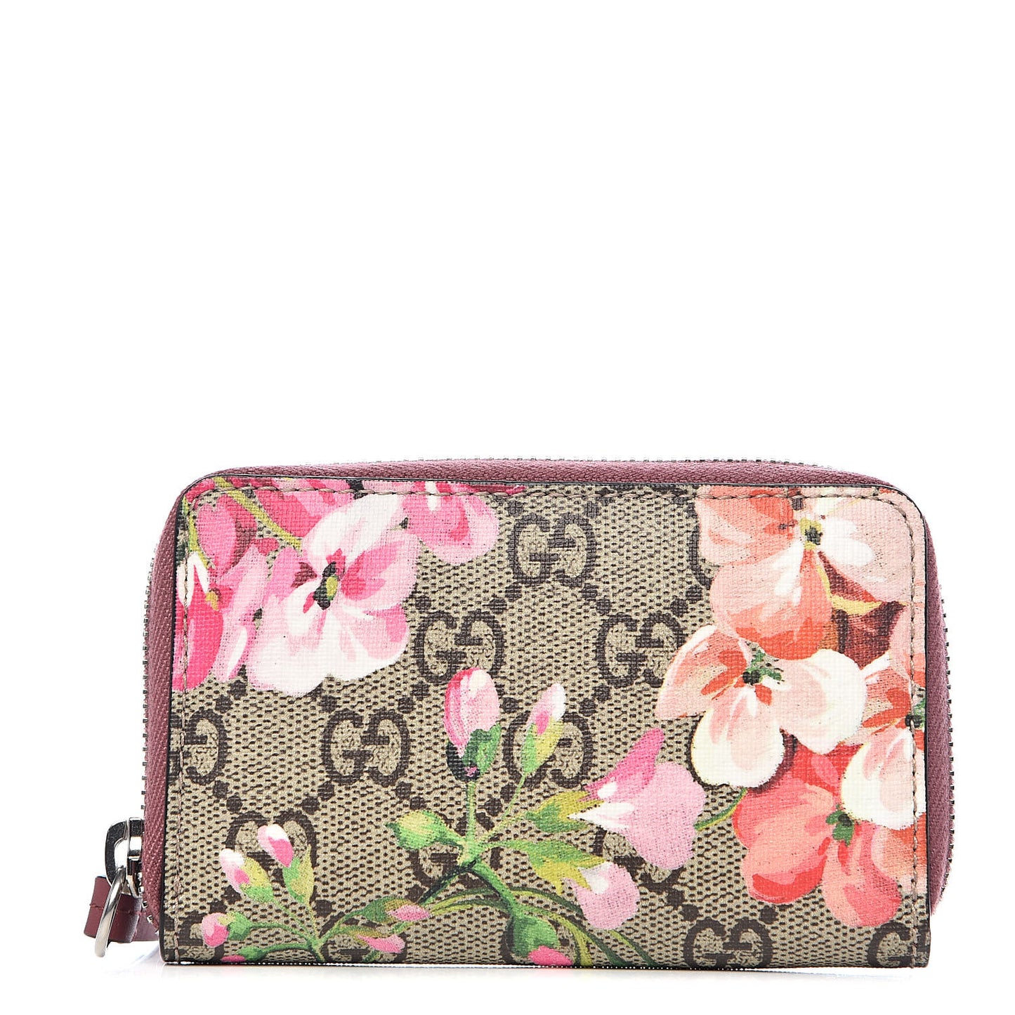 GG Supreme Monogram Blooms Zip Around Card Case Wallet Beige Multicolor Dry Rose