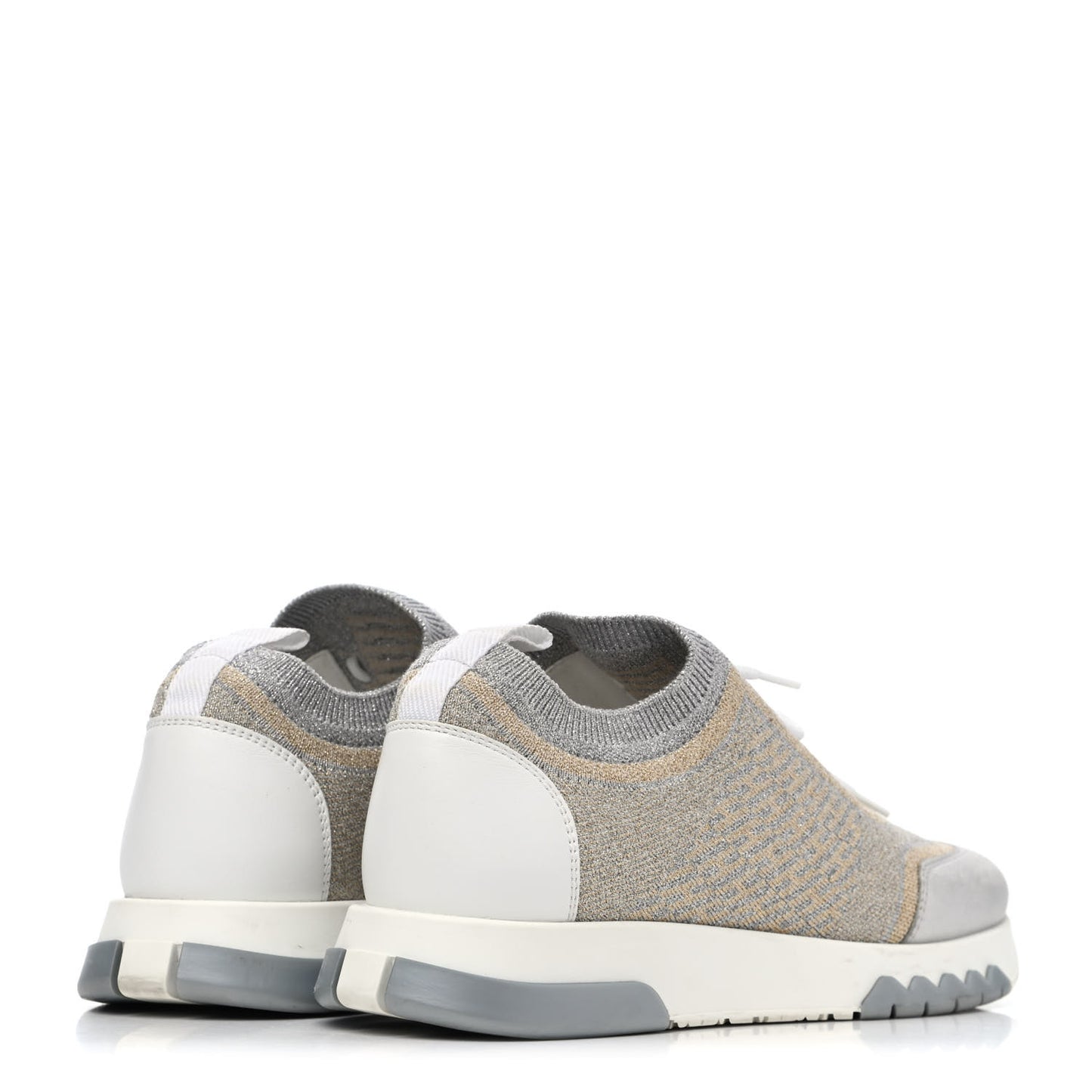 Metallic Knit Calfskin Suede Goatskin Bi-Color Womens Addict Sneakers 37 Multicolor Gris Argent