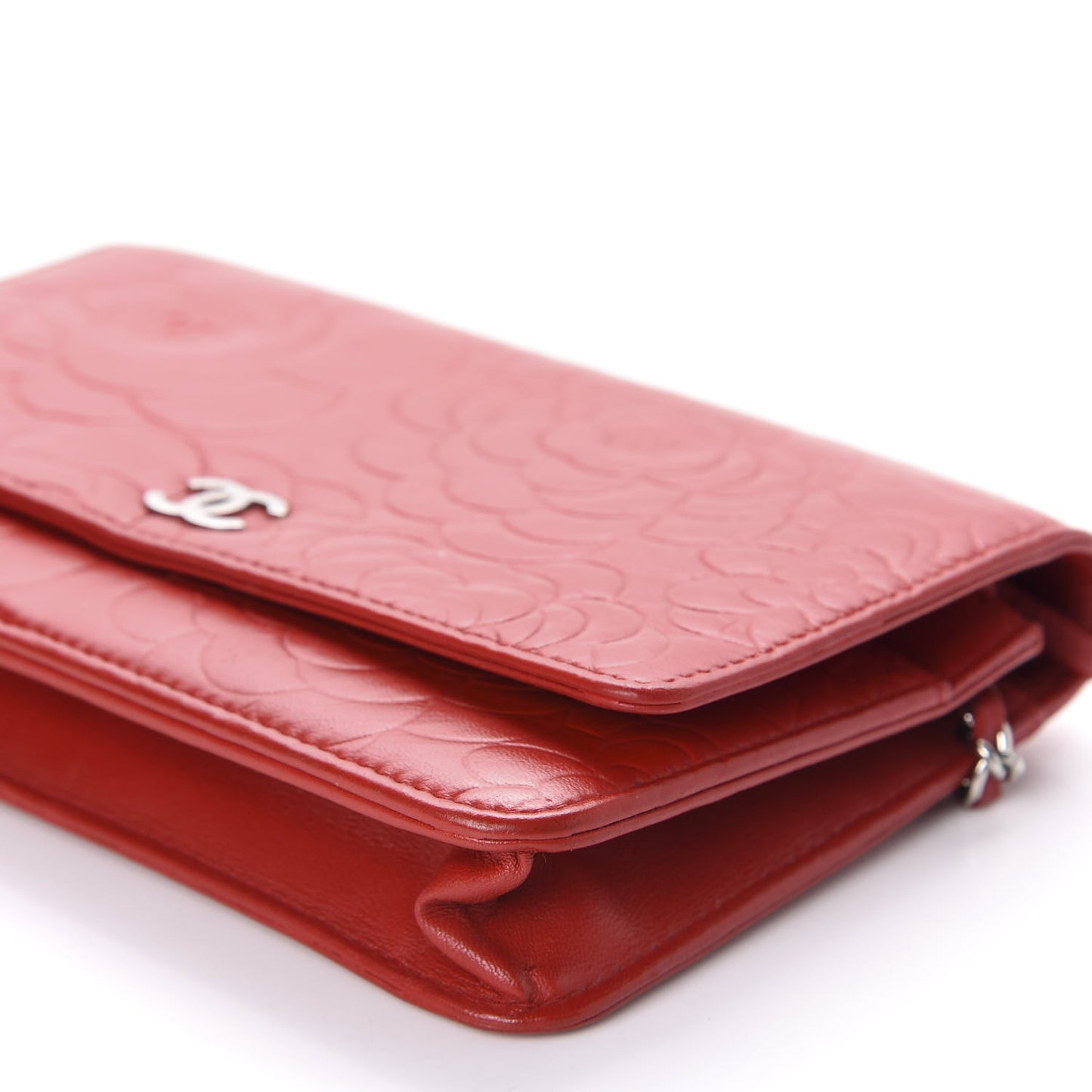 Lambskin Camellia Embossed Wallet On Chain WOC Red