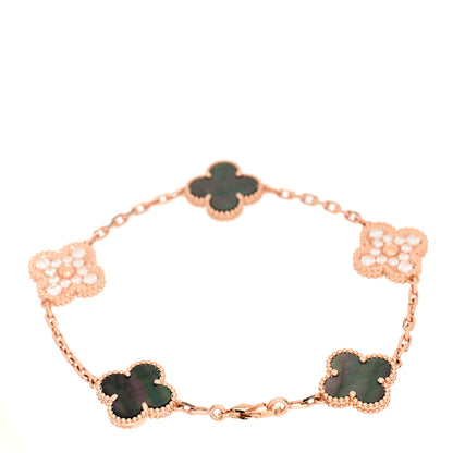Van Cleef & Arpels 18K Rose Gold Diamond Gray Mother of Pearl 5 Motifs Vintage Alhambra Bracelet 2 of 5