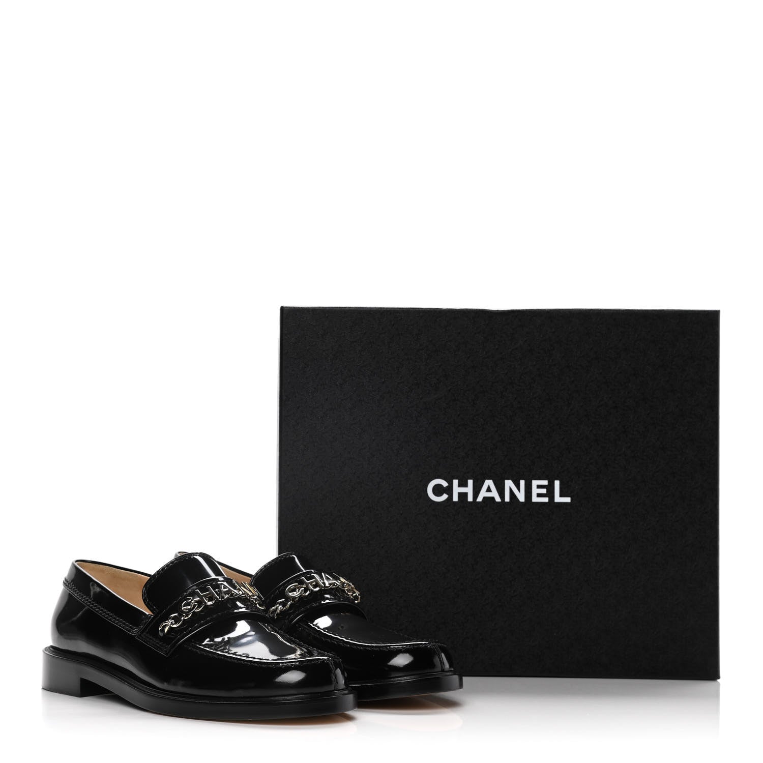 Chanel Shiny Calfskin Logo Loafers 38 Black 10 of 10