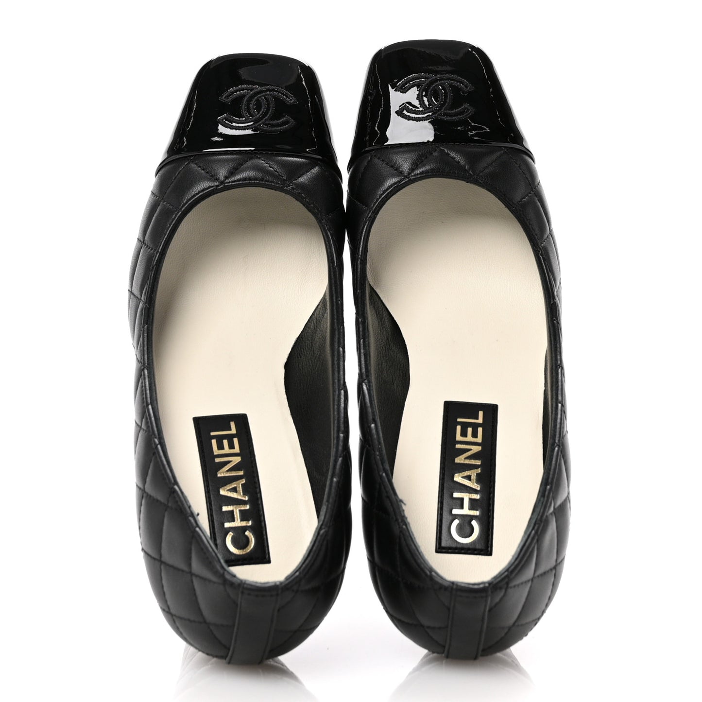 Lambskin Patent Quilted CC Cap Toe Pumps 38 Black