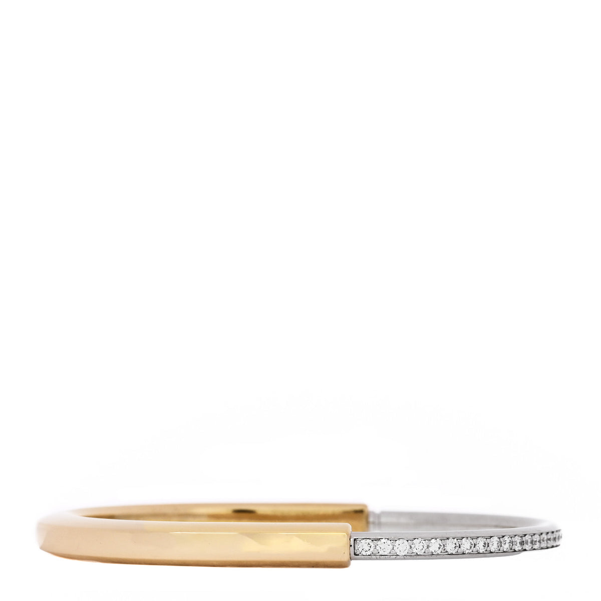 18K Yellow White Gold Diamond Tiffany Lock Half Pave Bangle Bracelet
