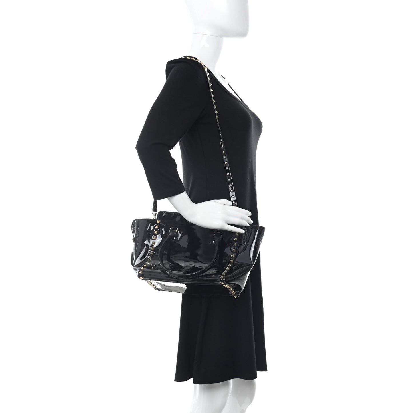 Patent Small Rockstud Double Handle Tote Black