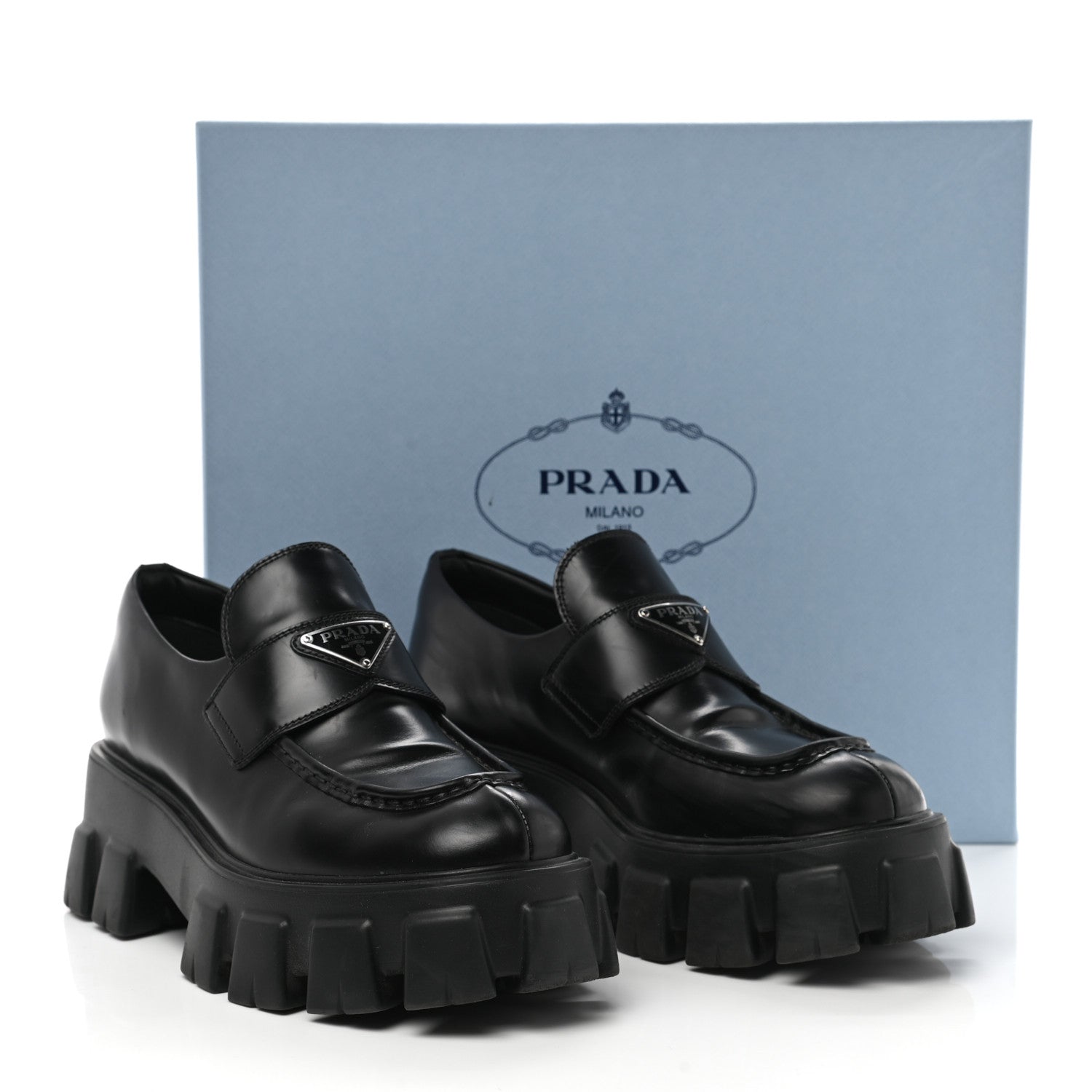 Prada Spazzolato Rois Metal Triangle Logo Monolith 55mm Loafers 41 Black 9 of 9