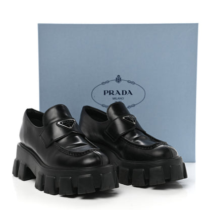 Prada Spazzolato Rois Metal Triangle Logo Monolith 55mm Loafers 41 Black 9 of 9